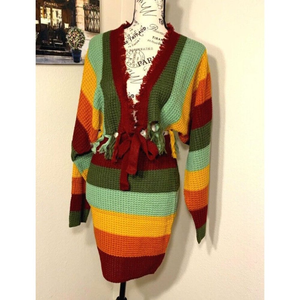L'Atiste by Amy Green Multi Color Knit Set with Fringe Detail Size SMALL NWT